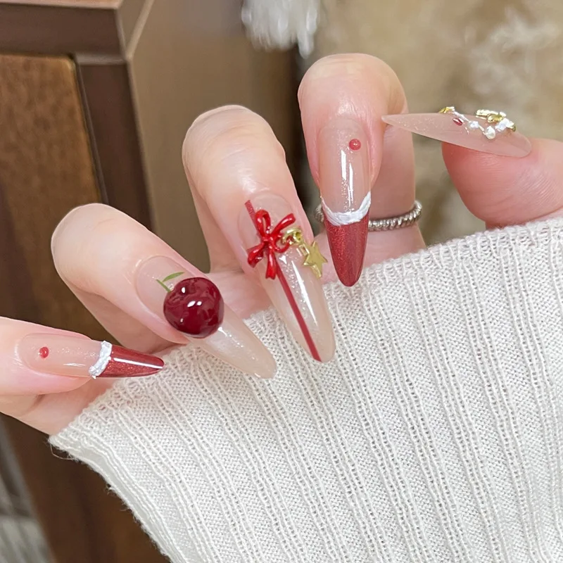 Christmas Armor-Style High-End French Burgundy Cherry Bow Nail Stickers, Versatile and Whitening, Removable Nails