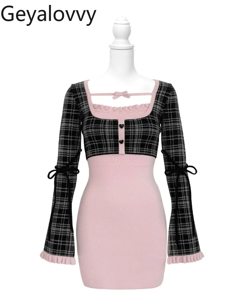 

Japanese Style Autumn New Plaid Patchwork Square Neck Tie Slim Dress Flared Long Sleeve High Waist Versatile Knitted Short Dress