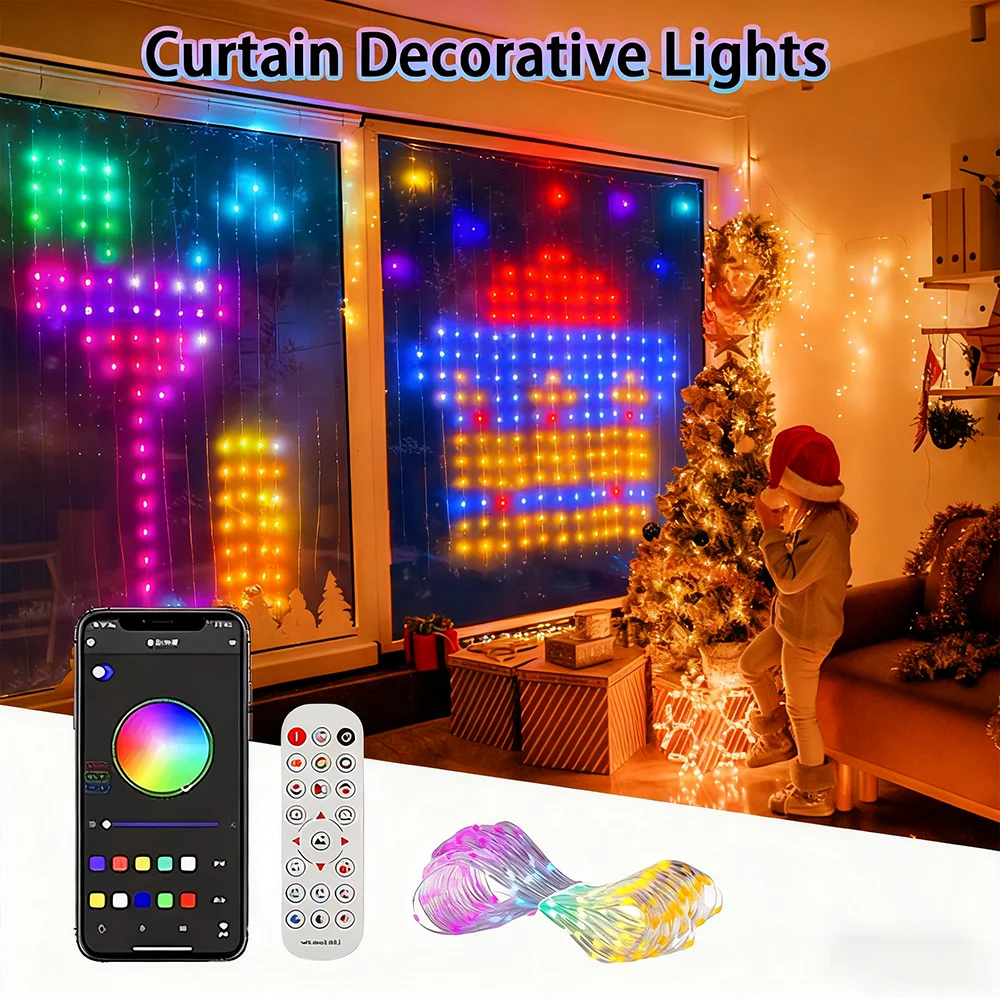 APP التحكم عن بعد نمط النص الديناميكي أضواء الزخرفية 400-LED سلسلة أضواء عيد الميلاد عطلة أضواء الستار الذكية #3