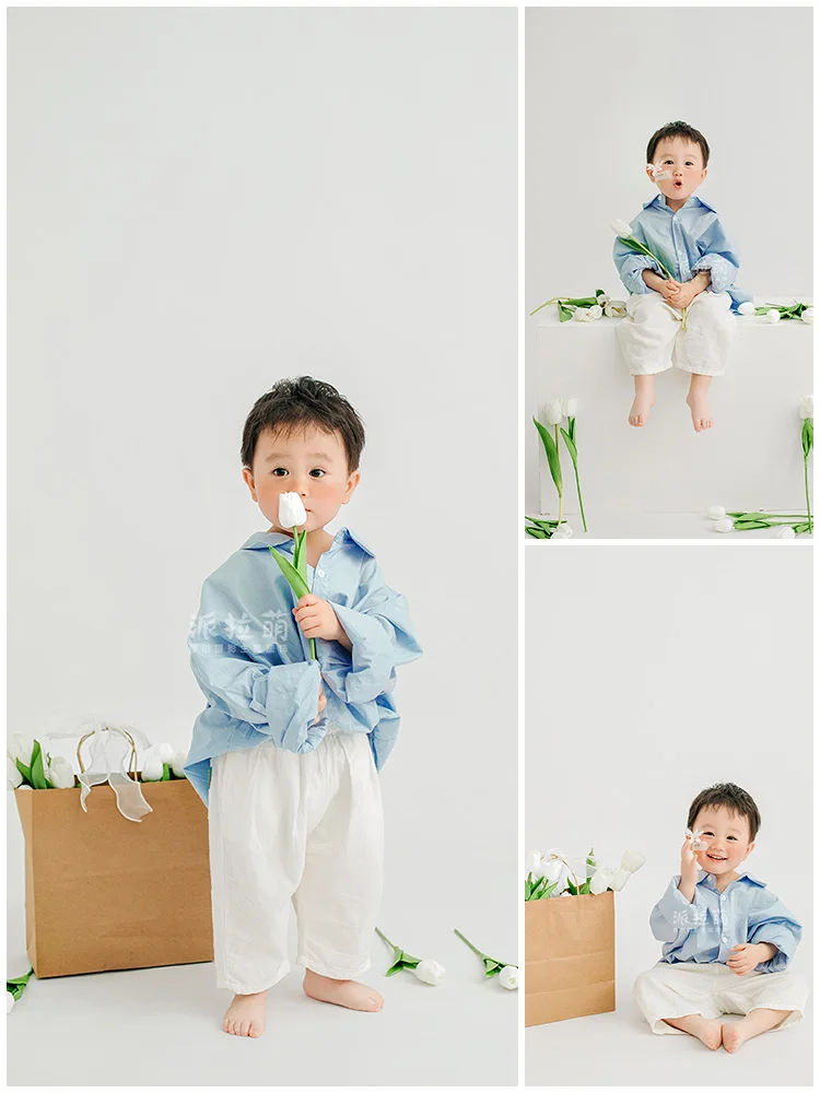 Childrens Photography Clothing Pure White Tulip Boys and Girls Holding Flowers Theme Indoor Photography Clothing Props   신생아촬영