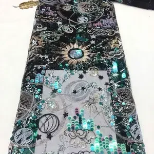 美しいカラフルなスパンコールの太陽刺繍レース生地、スパンコールの花チュール生地、ウェディングドレス、ブライダルドレス用