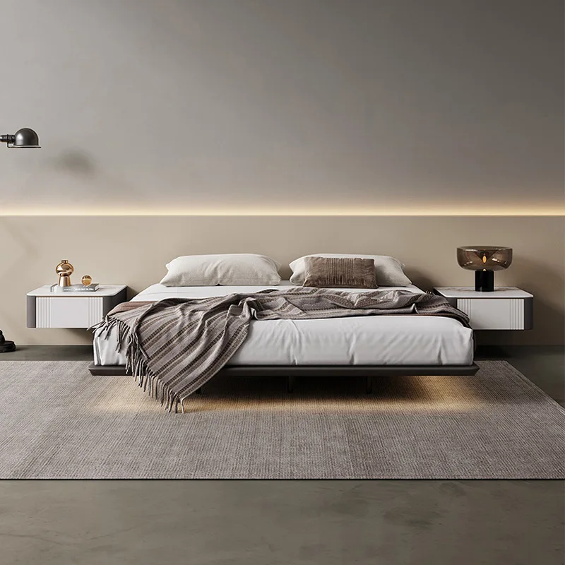 Italian Minimalist Floating Bed Without Bedside Designer Master Bedroom Bed Frame Double Modern Light Luxury Solid Wood Furnitu