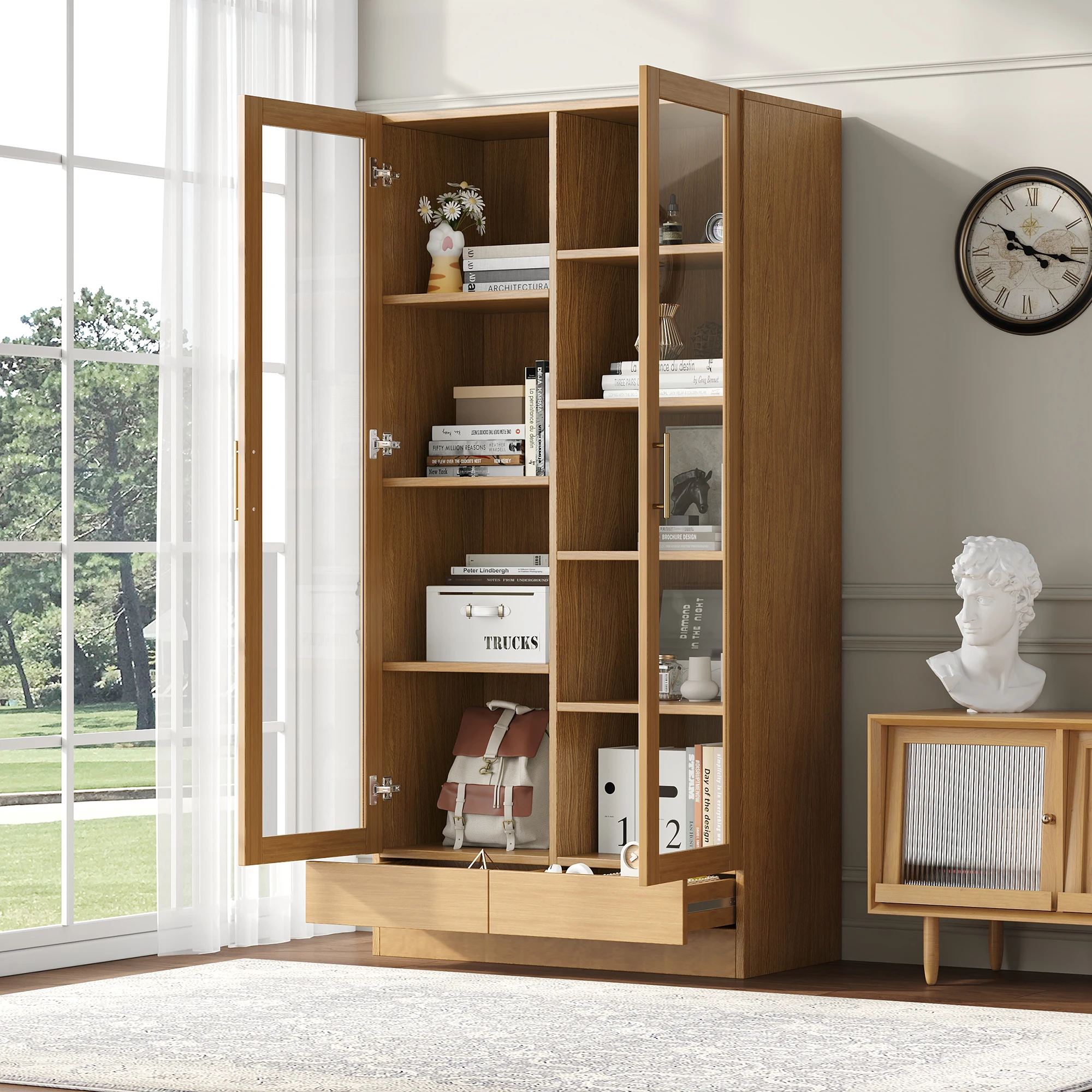 Vitrine Bibliothèque Vitrée - Meuble de Rangement de Bureau avec Portes en Verre et Tiroirs à Ouverture par Pression, MDF, 160x40x80 cm - Couleur Bois
