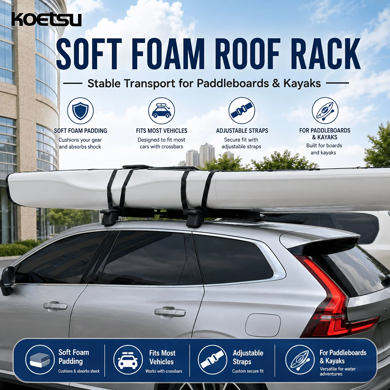 KOETSU Foam Soft Roof Rack with Two Tie Down Straps SUP Paddle Board Kayak Canoe Surfboard Car Roof Carrier Transport Rack