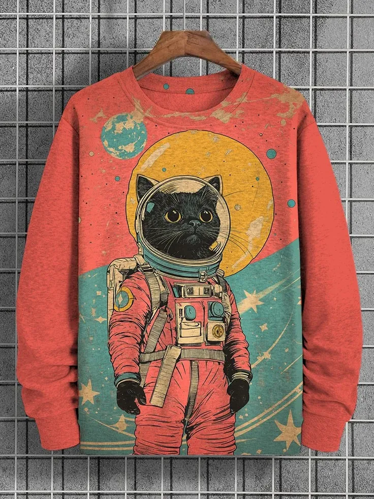 Japanese Fashion Men's Sweatshirt Funny Animal Graphic Ukiyo-e O-Neck Pullover Casual Pullover Tops Regular Fit Polyester Shirt