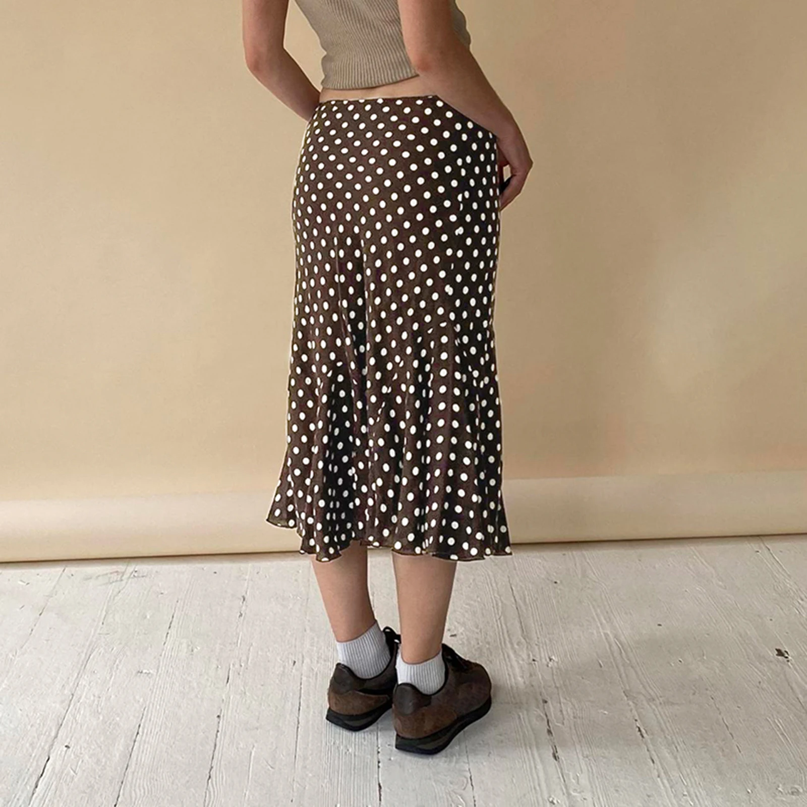 New Fashion Women Summer Dot Print Skirts Casual Elegant Mid Rise Ruffled Hem Midi Skirt For Beach Vacation Streetwear S M L