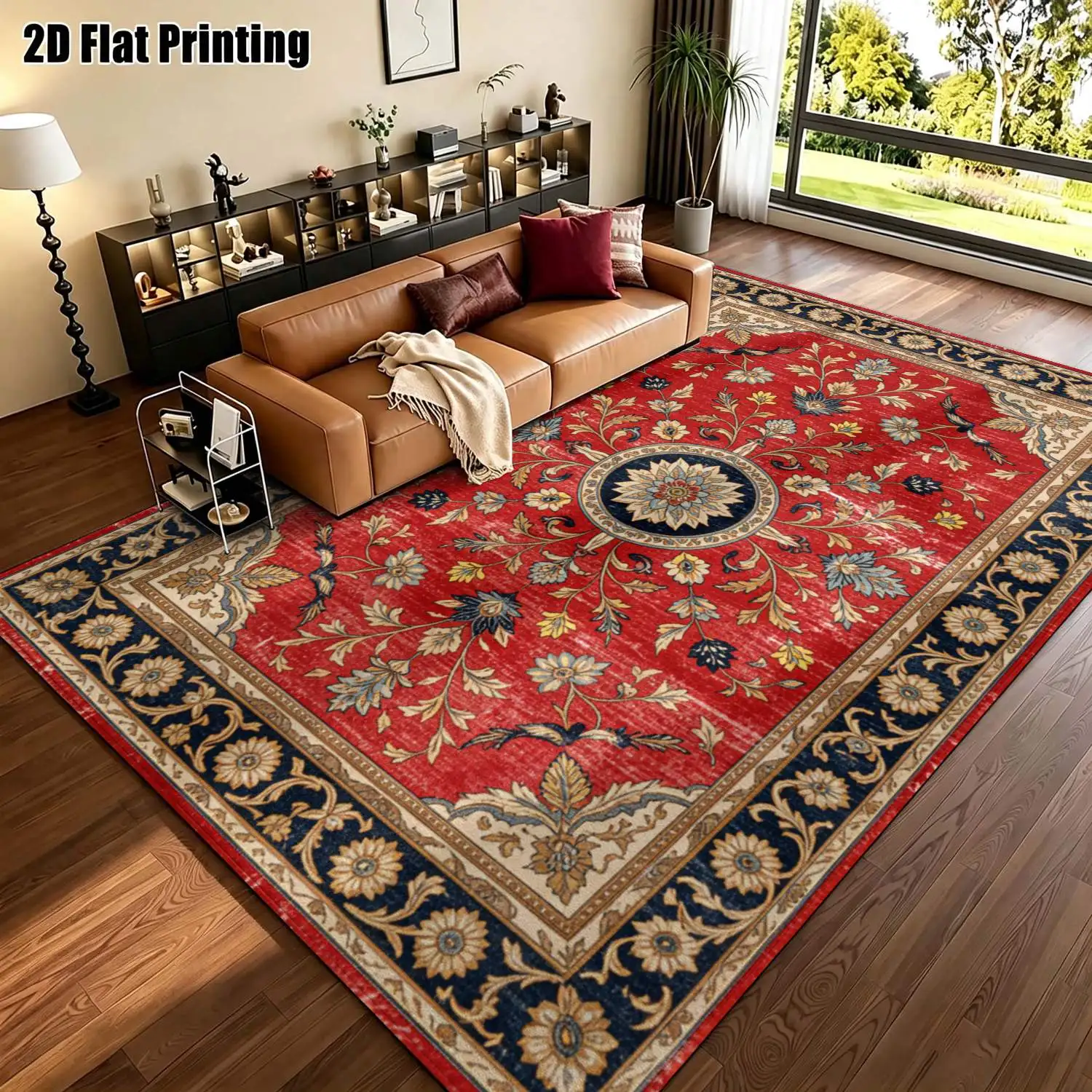 1Pc 2D Printed Carpet with Red-Brown Retro Floral Pattern, Ideal for Home Decor, Machine Washable, Multi-Scene Use