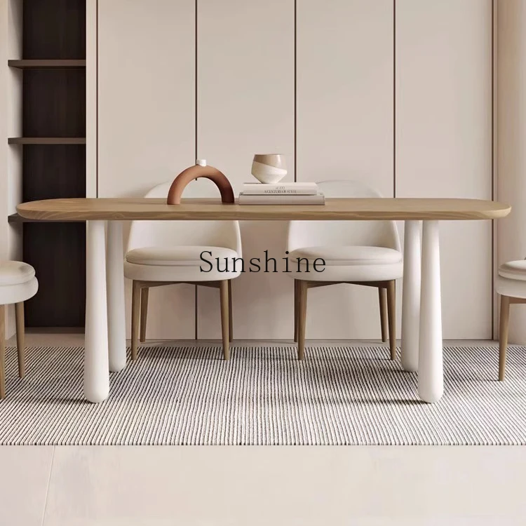 Cream wind log dining table and chairs household small apartment eating Nordic modern oval solid wood