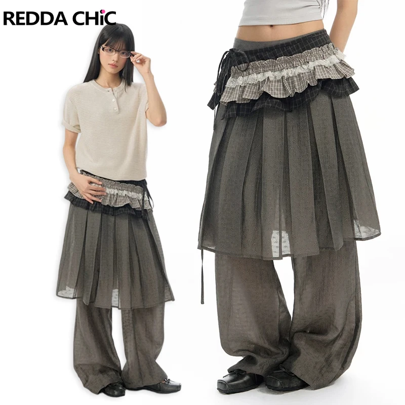 REDDACHiC Jacquard Lyocell Women Trousers Causal Lightweight Tie Up Wide Leg Fake Two-piece Palazzo Pants Alt Summer Clothes