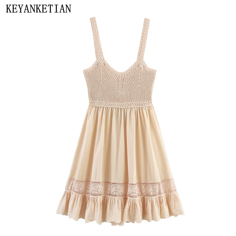 

KEYANKETIAN Holiday wind Bow Backless Knitted Patchwork Embroidered Halter Dress 2025 New Women's Sleeveless A Line Mini Dresses