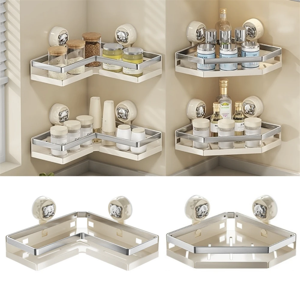 

Bathroom Corner Shower Shelves Suction Cup Wall Mount Shampoo Organizer Holder Kitchen Seasoning Storage Rack