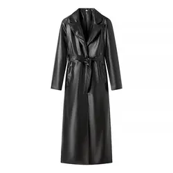 Plus Size abbigliamento donna cappotto lungo giacca con risvolto con cintura rimovibile giacca in pelle nera sopra il ginocchio similpelle PU