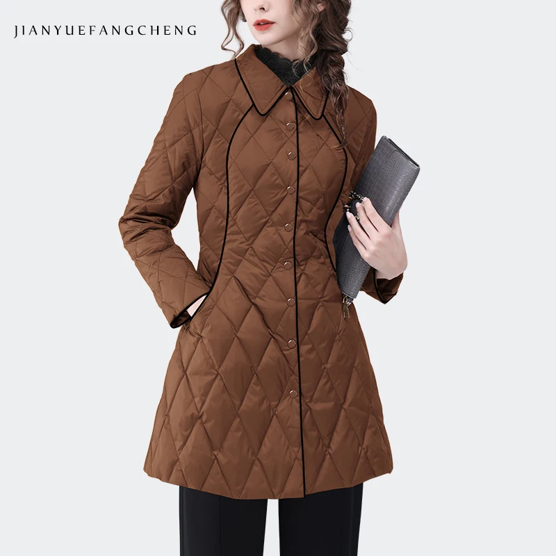 Mid-length Down Jacket Women 2023 Winter New Warm Lightly White Duck Down Padding Puffer Coat Elegant Shirt Collar Slimming Coat