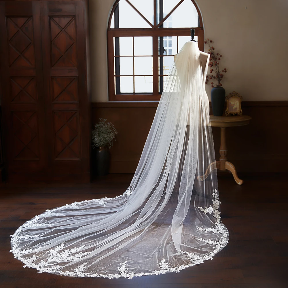 高級レースアップリケブライダルベール、コーム付き、大聖堂の長さ118インチのロングウェディングベール、女性用結婚アクセサリー