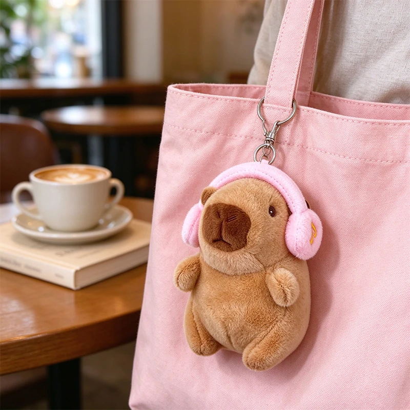 Cute Capybara With Headphones Plush Doll Keychain Kawaii Capibara Pendant Bag Backpack Decor Party Gift