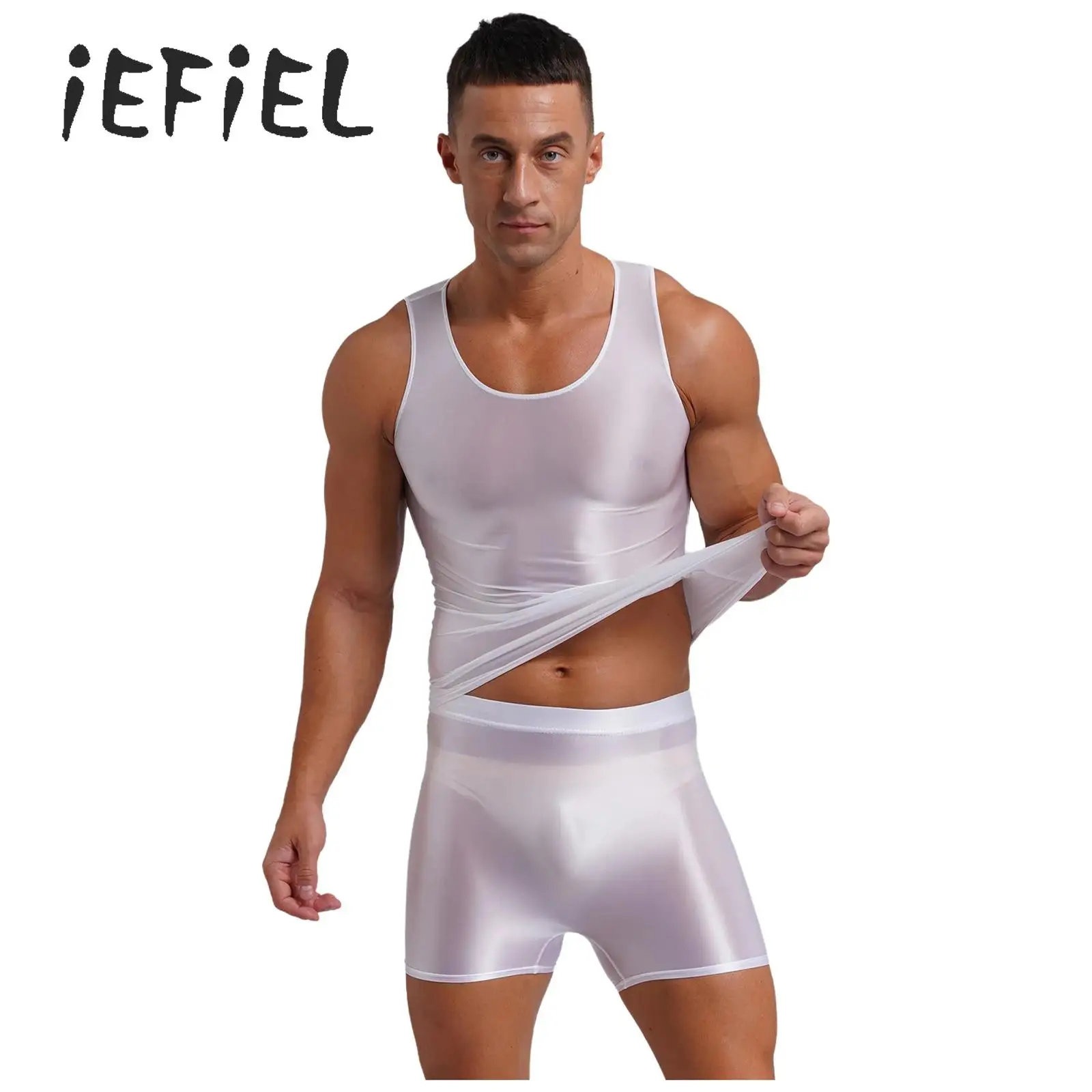 Men‘s Glossy Swimsuit Swimwear Two-piece Outfit  Tank Top with Elastic Waistband Shorts Muscle Control Rush Guard Bathing Suit