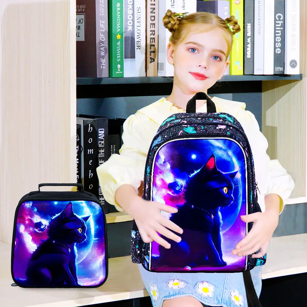 3Pcs Galaxy Cat Print Backpack Set for Kids, Purple Space School Bag with Lunch Box and Pencil Pouch