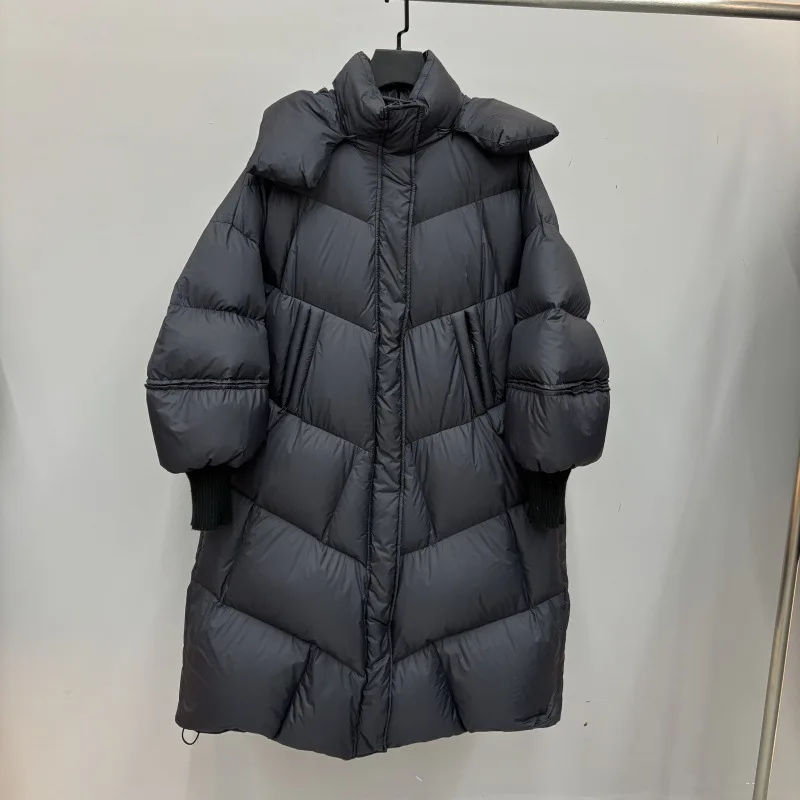 เสื้อแจ็คเก็ตพัฟเฟอร์หนาแบบยาวคลุมเข่าสำหรับฤดูหนาว มีฮู้ด ทรงหลวม บุด้วยขนเป็ดสีขาว สำหรับผู้หญิง