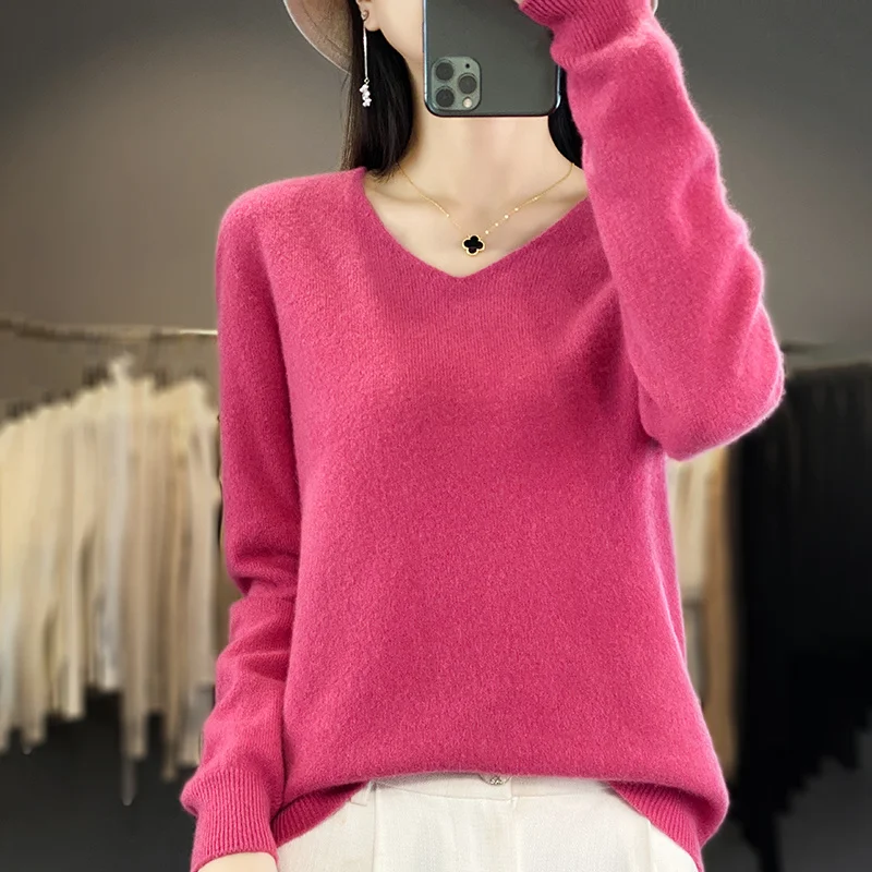 New 100% Pure Wool Long-Sleeved V-Neck Sweater For Women In Autumn And Winter Loose Pullover Knitted Bottoming Shirt