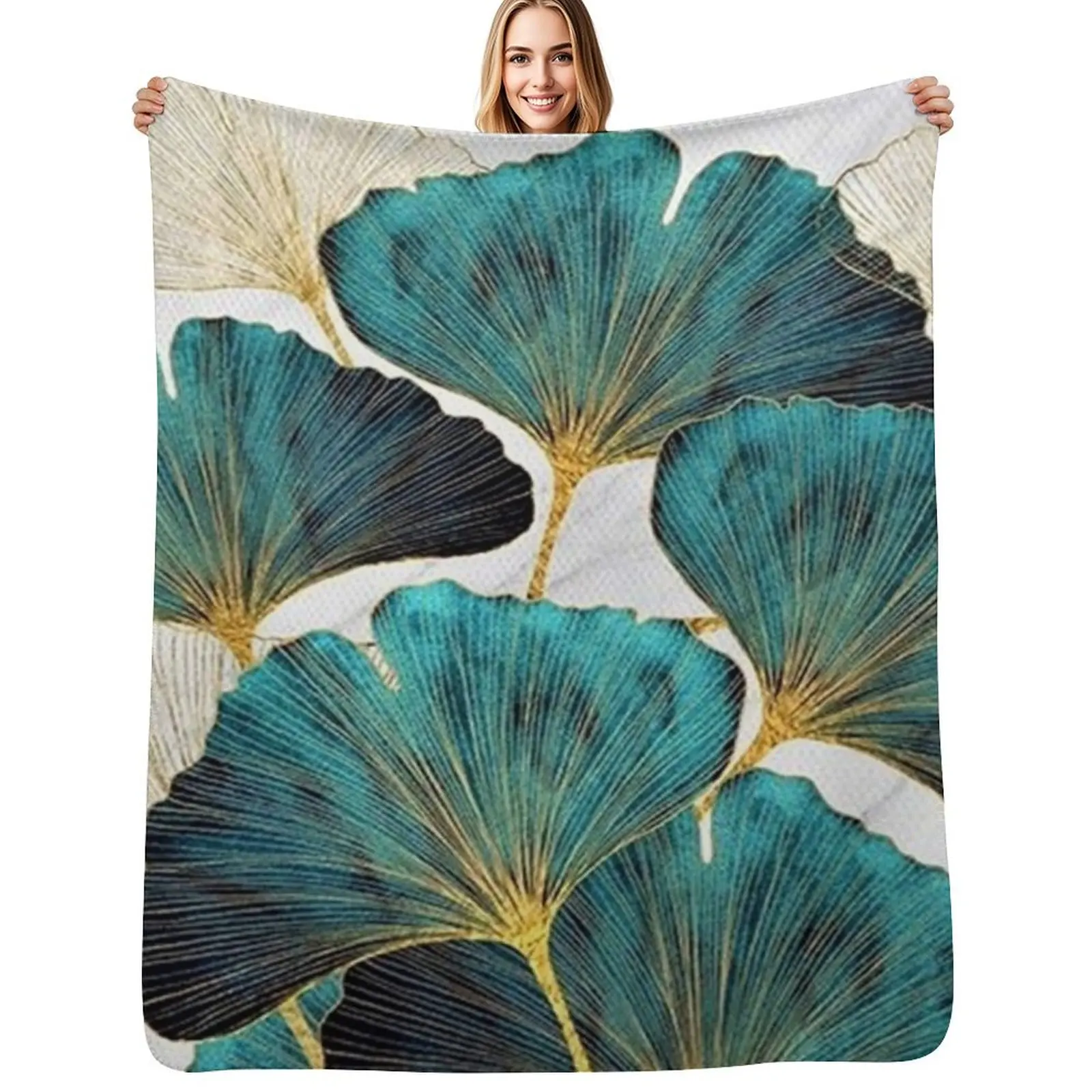

Blue ginko leaves Throw Blanket Soft Sherpa Fleece Warm Blanket for Winter