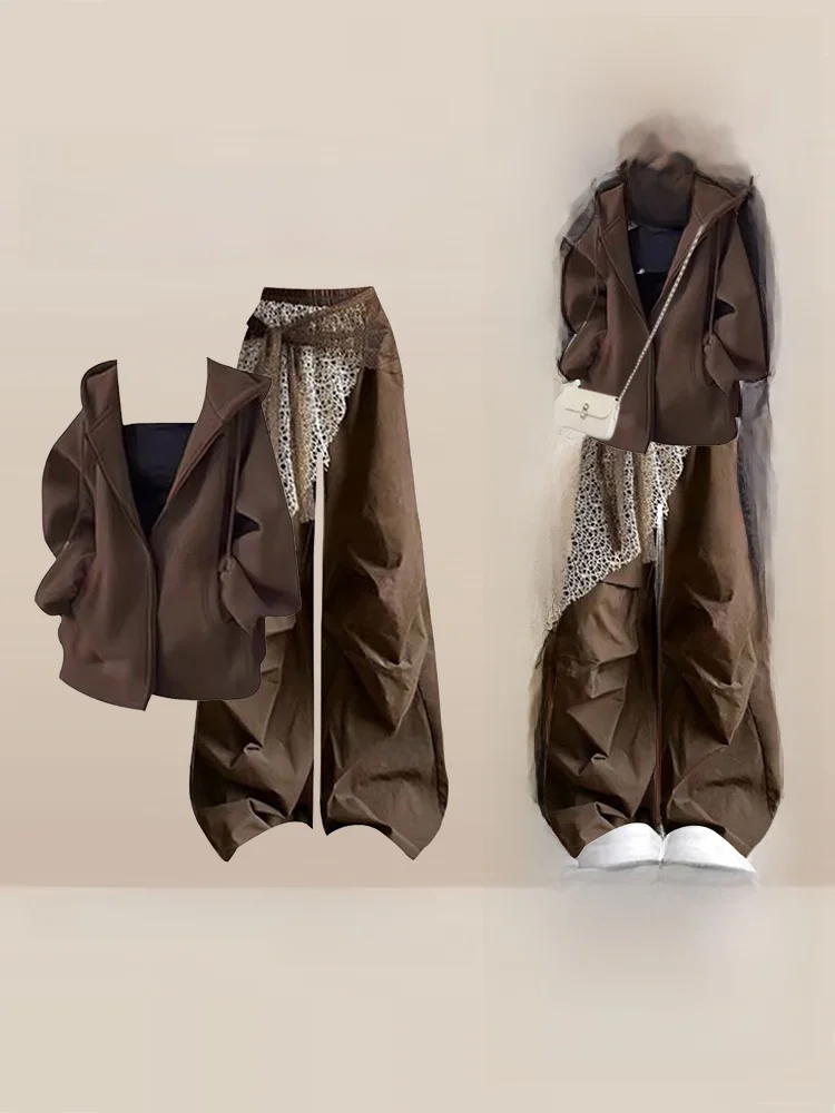 

Fall Fashion Brown Hoodie Set with Camisole Casual Patchwork Women's Three-piece American Style Adult Clothing Ensemble