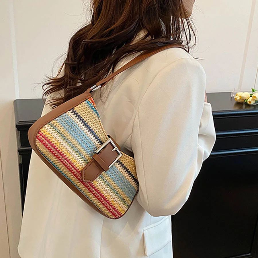 

Женская соломенная тканая сумка, модная тканая сумка на молнии, тканый кошелек на плечо, соломенная сумка ручной работы, летняя пляжная сумка