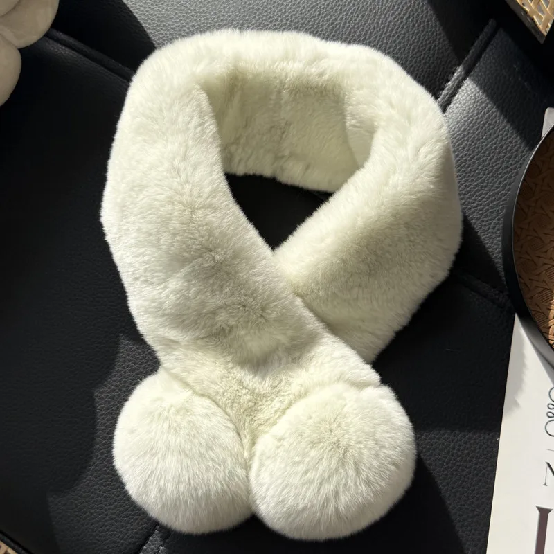 Real Rex Rabbit Fur Scarf With Cute Pom-poms Double-sided Thickened Furry Fur Collar For Women Girls Natural Fur Ring Scarves