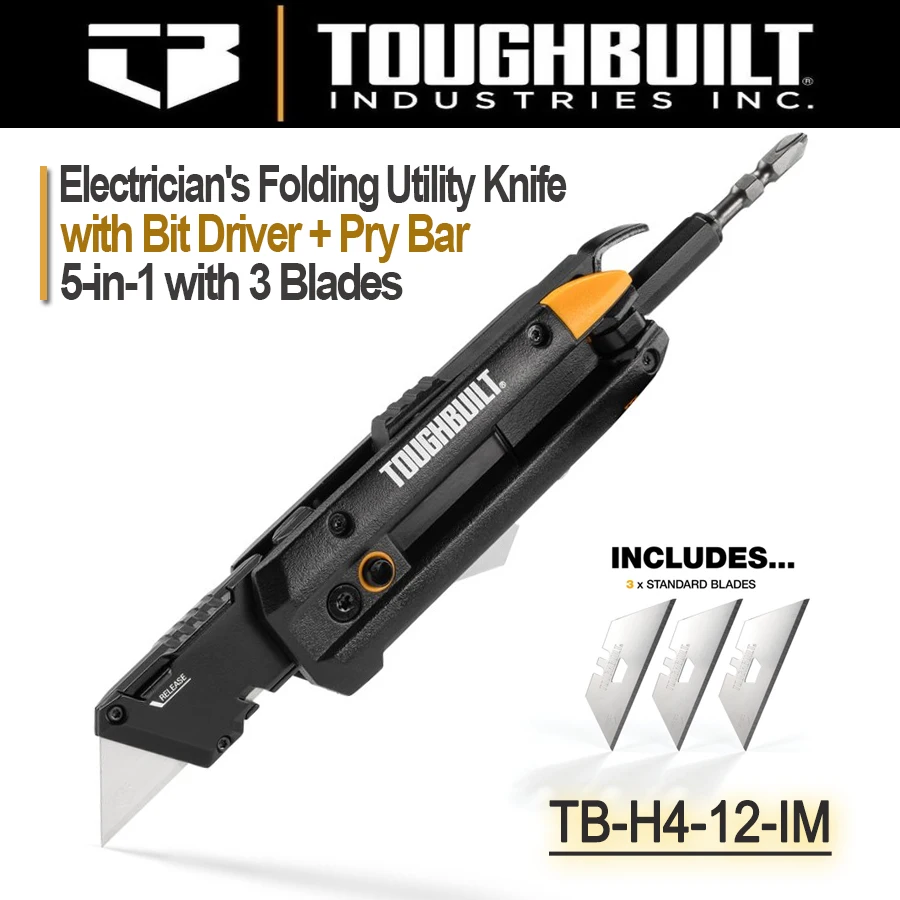 

TOUGHBUILT TB-H4-12-IM 5-in-1 Electrician's Folding Utility Knife with Bit Driver + Pry Bar for Cartons, Cardboard and Boxes