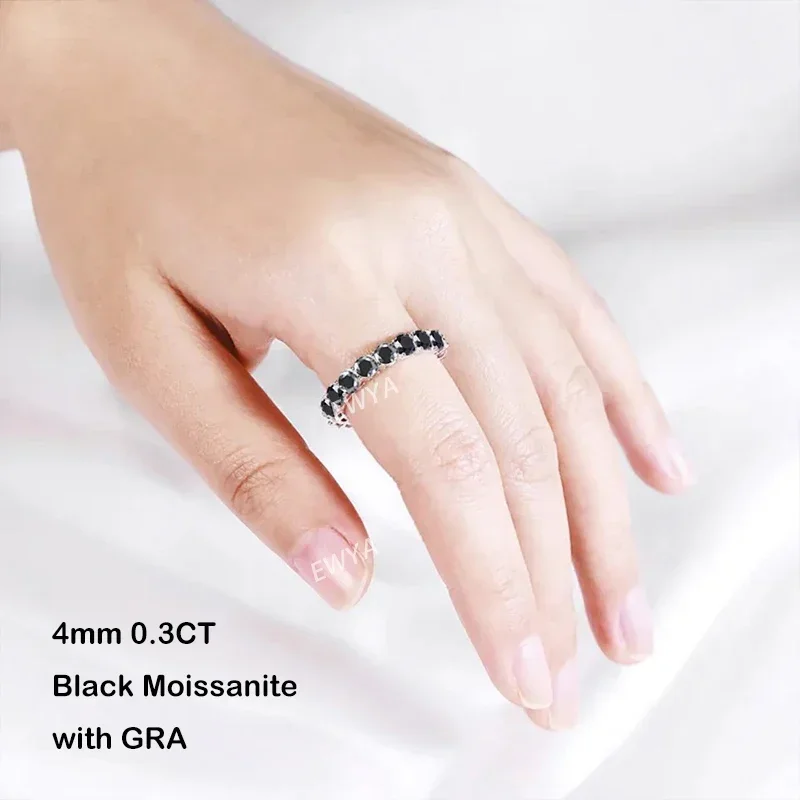 EWYA Sparkling Full 3/4/5mm D Color Black Moissanite Full Eternity Diamond Ring For Women Men S925 Silver Wedding Band Rings