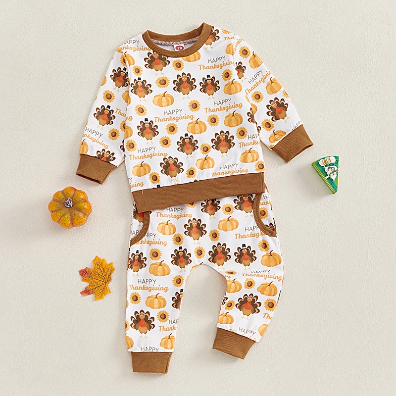 Toddler Girl Boy Thanksgiving Outfits Turkey Letter Print Long Sleeve Sweatshirt with Elastic Waist Pants 2Pcs Set