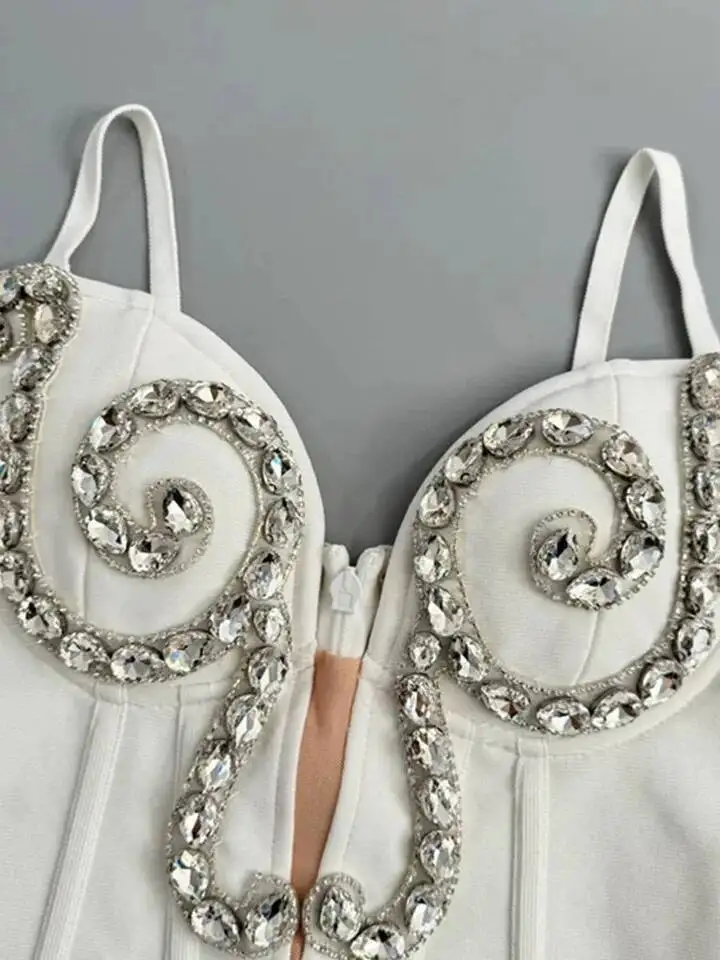 LEOSOXS 2025 mujeres celebridad Sexy sin mangas espalda descubierta diamante blanco Mini ceñido al cuerpo vendaje vestido elegante traje de fiesta y Club nocturno