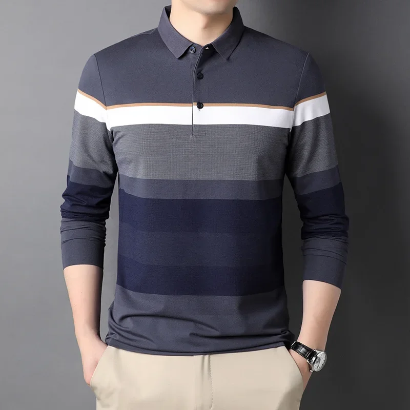 Blue, color blue 2024 autumn new men\'s T-shirt lapel leisure cotton men\'s long-sleeved POLO shirt wholesale, t-shirts