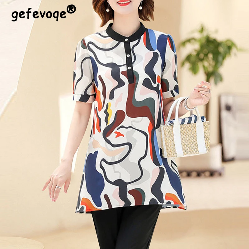 

Women's Korean Fashion Graffiti Print Elegant Chiffon Blouse Summer Short Sleeve Loose Shirt Female Casual Round Neck Tunic Tops