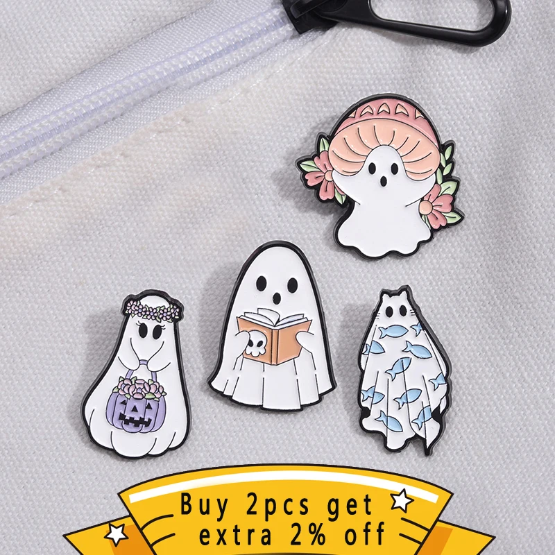 Fun Pumpkin Ghost Enamel Pin Custom Cartoon Mushroom Book Spooky Ghost Brooch Lapel Badges Halloween Jewelry Gift For Kid Friend