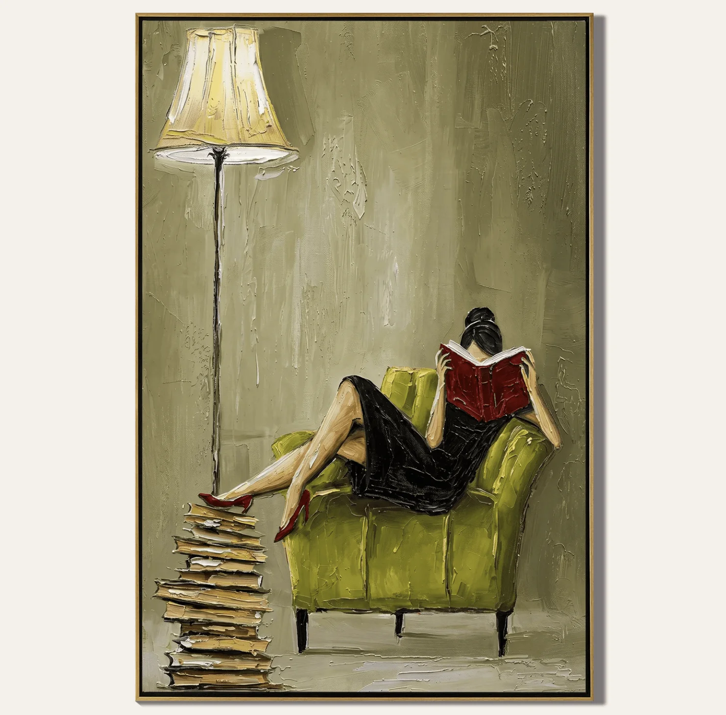 Quiet Hour – Emerald Velvet Reading Nook Painting Elegant Interior Wall Art Canvas Prints Posters Living Room Home Decor