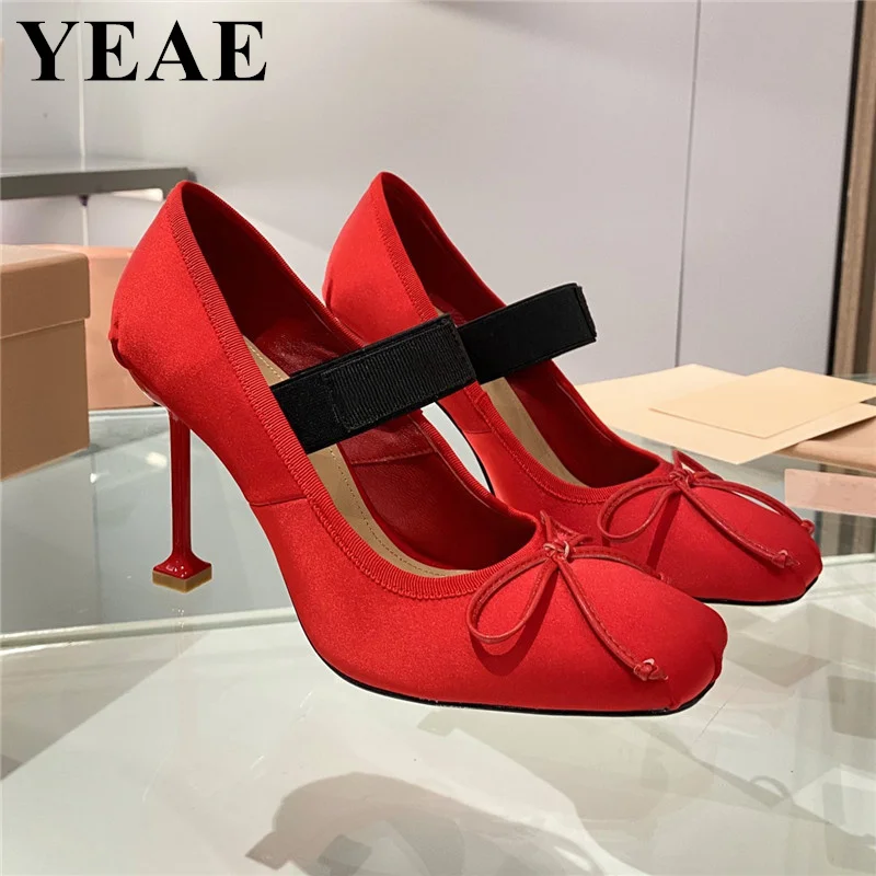 Luxury Brand Women Pumps Fashion Bow High Heels Square Toe Mary Jane Elastic Band Party Shoes Designer Woman\'s Dress Pumps 2023