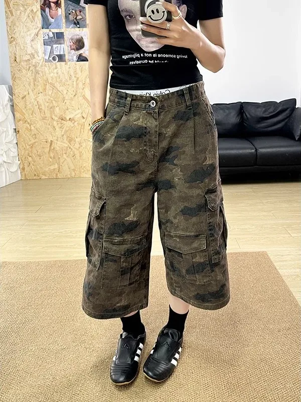 صيف جديد 2025 رقيقة التمويه الدنيم سبعة أقدام السراويل النسائية الأمريكية الرجعية Waed واسعة الساق فضفاضة الأوسط السراويل جينز غير رسمي #2