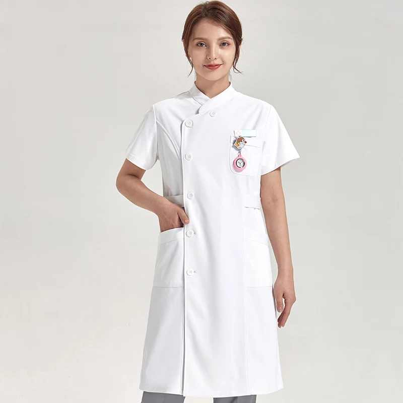 

Asymmetric Healthcare Tunic Nurse Scrubs Dresses White Short/Long Sleeve Beautician Work Uniform in Style Nursing Dress 801-03