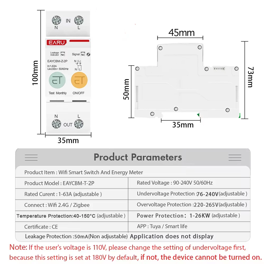 2P TUYA APP Zigbee WIFI Smart Energy Power Consumption kWh Meter Circuit Breaker Time Relay Switch Leakage Voltage Protection