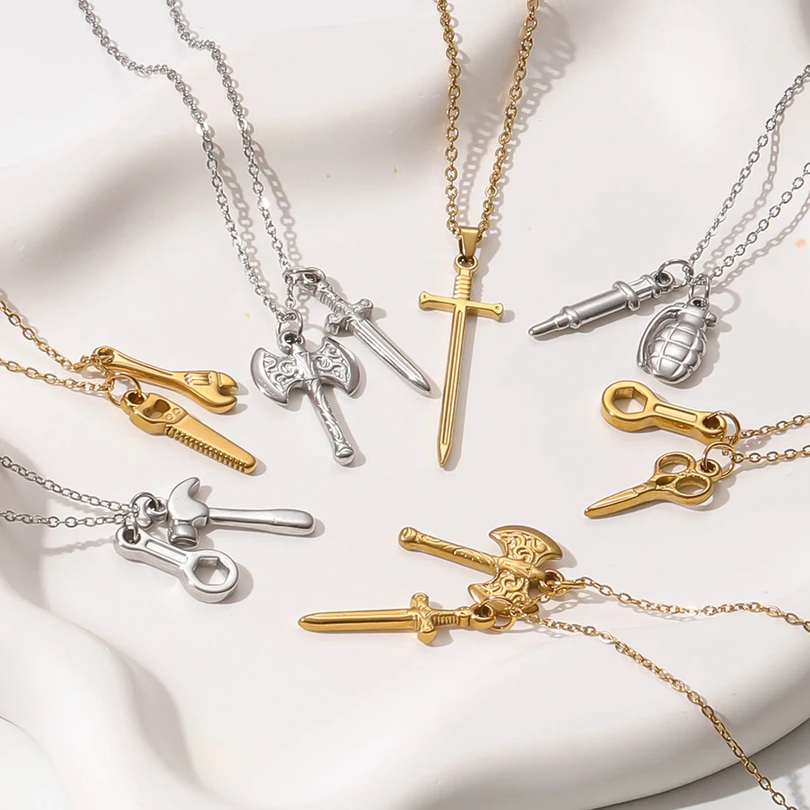 1Pc Stainless Steel Vintage Hammer Saw Rock Pendant Grunge Necklaces Hip Hop Wrench Tool Sword Cross Cool Men Collares Jewelry