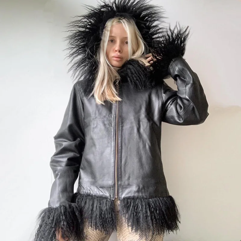 Autumn and Winter New Style Tassel Fur Stitching Artificial Leather PU Leather Jacket Black Zipper Loose Hooded Casual Jacket