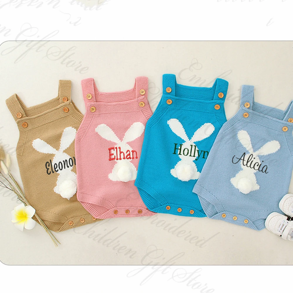 

Embroidery Name Boys and Girls Knitted Sweater Cute Cartoon Bunny Easter Bodysuit Personalized Newborn Kids Birth Gift Jumpsuit