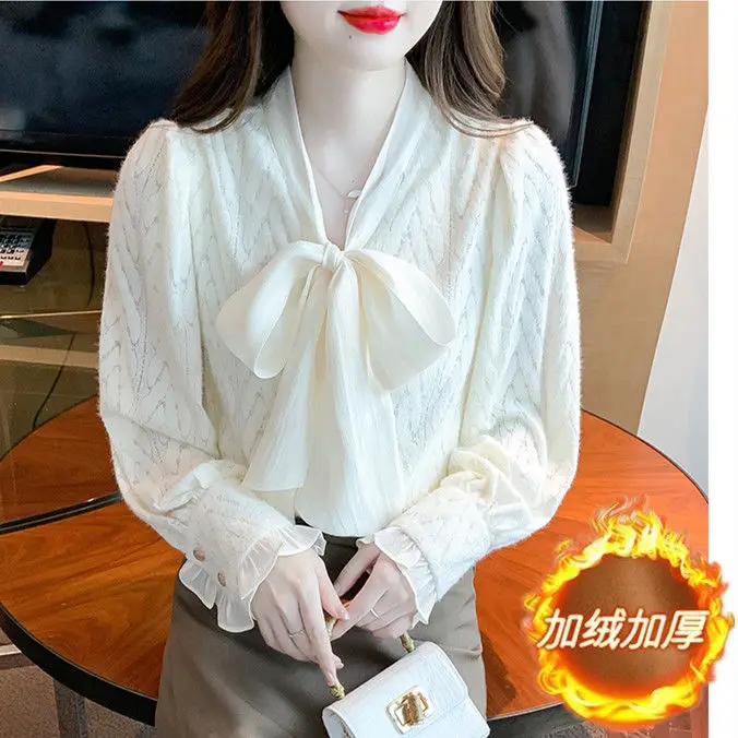 

French Style Design Solid Color Bow Shirt Women's Base Chic Small Shirt Ribbon Lace Patchwork Long Sleeved Top