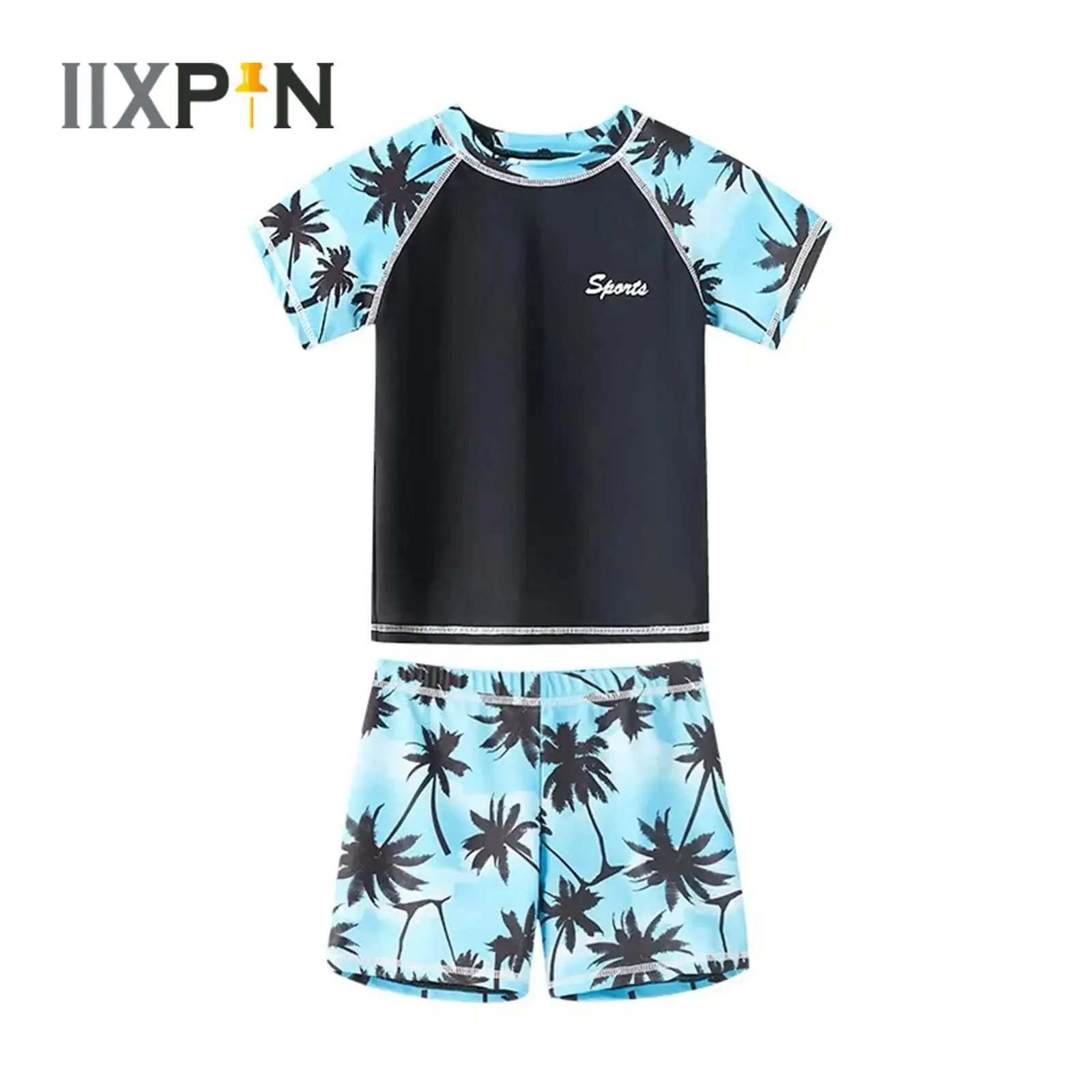 2Pcs Boys Swimsuit Set Summer 2024 Short Sleeve Elastic Swim Tops Shirt+Swim Shorts Set UPF 50+ Swimwear Rash Guard Bathing Suit