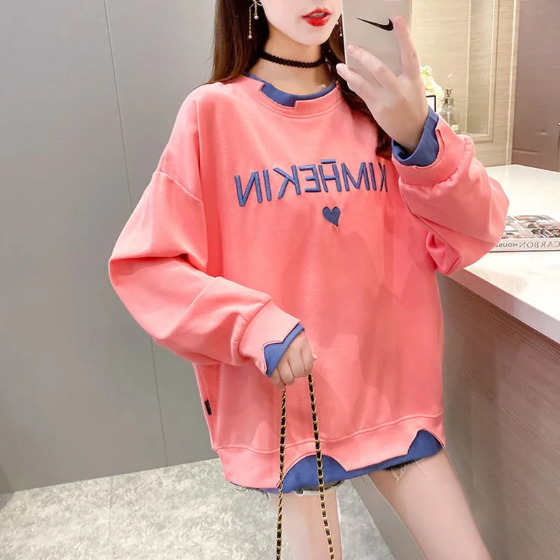 Fashion Embroidery Letter Fake two pieces T-Shirt Female Clothing 2023 Autumn New Oversized Casual Pullovers Loose Korean Tee Sh