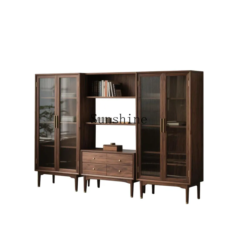 

New Chinese black walnut bookcase combination minimalist bogu frame solid wood glass door display
