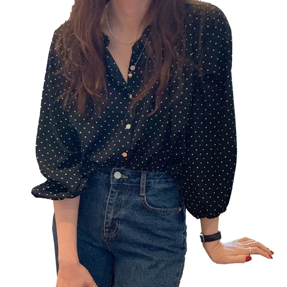 

Shirts Women Blouse New Lantern Sleeves Chiffon Shirts Love Waves Blouse For Women Tops Button Up Office Lady Polka Dot Top
