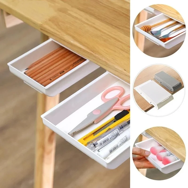 Under-Desk Storage Box With Drawer Punch Free Under Table Storage Drawer Makeup Brush Organizer Office Stationery Storage Box