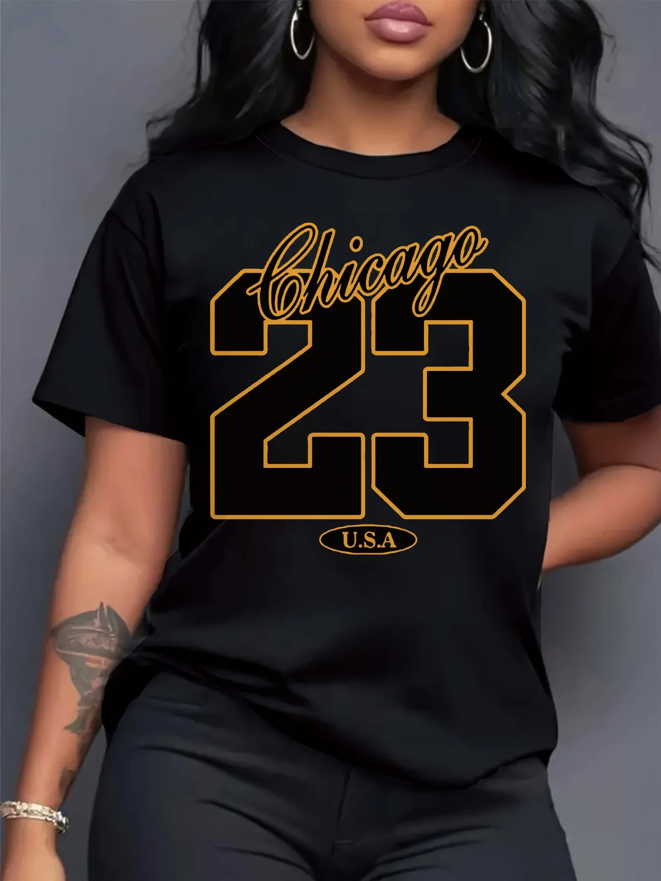 

Plus Size Women's Chicago 23 USA Graphic Print Casual Short Sleeve T-shirt Black with Orange Lettering Round Neck Casual Tops