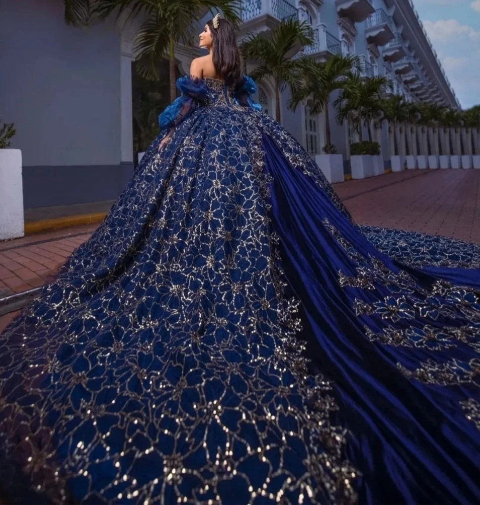 Charro Quinceanera-Robe de Rhbleu marine, dentelle perlée, douce, mexicaine, 16, 15 ans